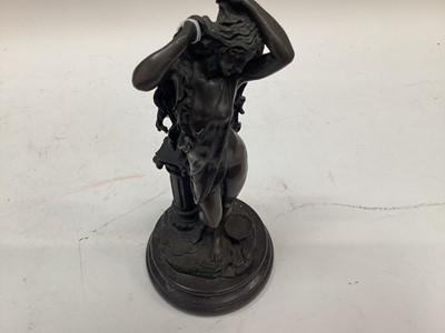 Lot 2457 - Art Nouveau style bronzed figure of a woman standing next to a column, on a circular stone base, signed Angelo, 31cm higih