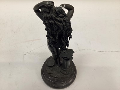 Lot 2457 - Art Nouveau style bronzed figure of a woman standing next to a column, on a circular stone base, signed Angelo, 31cm higih