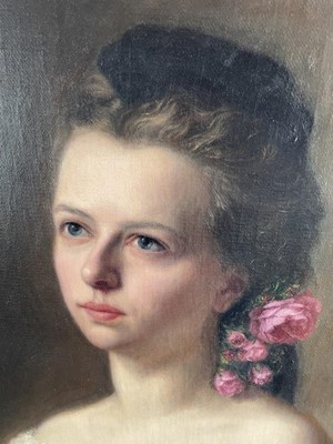 Lot 1187 - Frederico De Madrazo y Kuntz (1815-1894) oil on canvas - portrait of a pretty young lady with roses in her hair, initialled and dated 1873, unframed