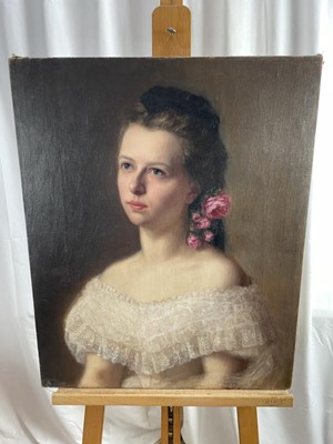 Lot 1187 - Frederico De Madrazo y Kuntz (1815-1894) oil on canvas - portrait of a pretty young lady with roses in her hair, initialled and dated 1873, unframed
