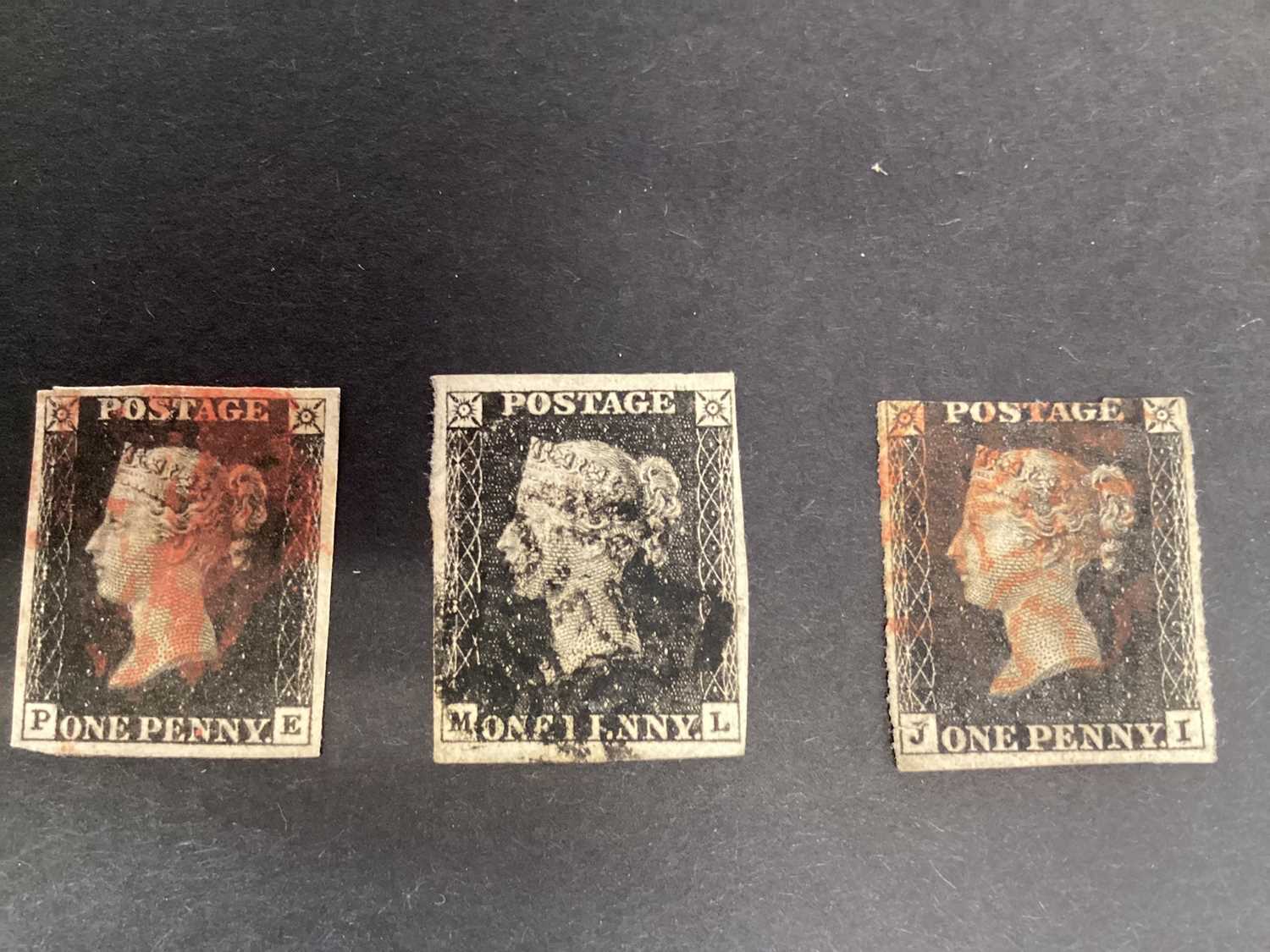 Lot 1409 - Stamps - GB 1840 1d black (x3) various margins lettered P.E., M.L. and J.I. (3)