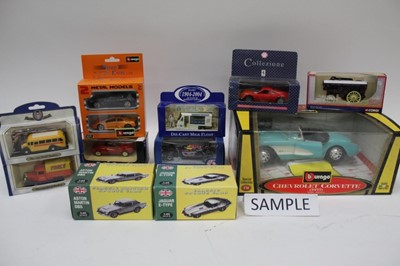 Lot 1810 - Die Cast in two boxes including Burago, Schuco and other models boxed and unboxed.