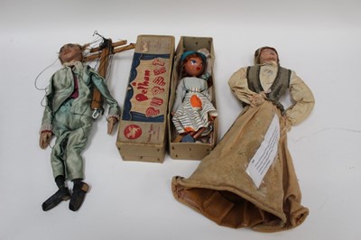 Lot 1822 - Pelham puppet LS type Girl in original box, one other puppet with papier-mâché head.  Plus a Latvian doll, papier-mâché head in traditional dress with beaded head band.