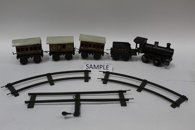 Lot 1826 - Railway O gauge tinplate clockwork carriages and track, some OO gauge track and rolling stock and a wooden Green Line coach plus a wooden car.