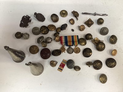 Lot 702 - First World War miniature medal group comprising 1914 - 15 Star, War and Victory medals (mounted on bar) together with Victorian and later military buttons, pips and badges.