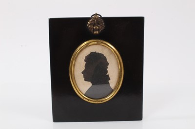 Lot 159 - George IV yellow metal and black enamel mourning brooch and similar pendant, each containing a watercolour minature on paper portrait of ' Benjamin King, Died 4th December 1829, aged 24 ' and silho...