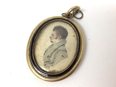 Lot 159 - George IV yellow metal and black enamel mourning brooch and similar pendant, each containing a watercolour minature on paper portrait of ' Benjamin King, Died 4th December 1829, aged 24 ' and silho...