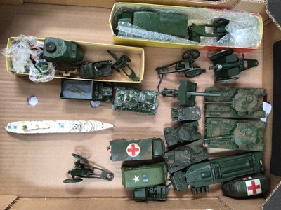 Lot 1838 - Diecast selection of unboxed Dinky military vehicles plus Corgi and Matchbox models, plastic miniature railway station figures and a Diecast RMS Canberra