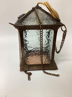 Lot 2505 - Arts & Crafts rivet-jointed copper lantern with moulded glass panels and chain