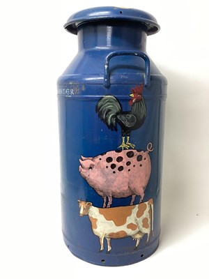 Lot 2507 - Large Woolner Bros / Grundy 1940s milk churn, hand painted with farmyard animals