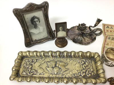 Lot 162 - Victorian silver plated chamber candlestick in the form of a waterlily, Victorian gilt metal and agate dipper pen, silver frames, napkin rings and sundries
