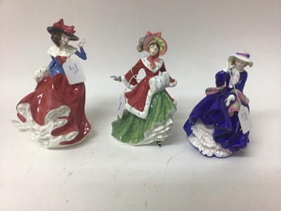 Lot 1171 - Six Royal Doulton figures - Janet HN4042, Wintertime HN3622, Christmas Morn HN1922, Top o' the Hill HN3735, Susan HN3871 and Christmas Day HN4925