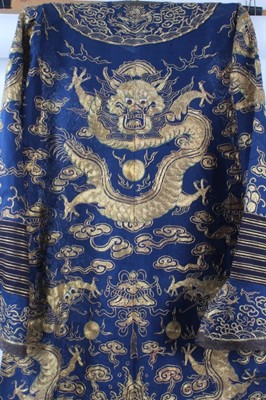 Lot 2050 - Chinese 1920s Dragon robe with horse hoof sleeves, metallic thread embroidery and metal button fastenings. Summer weight.