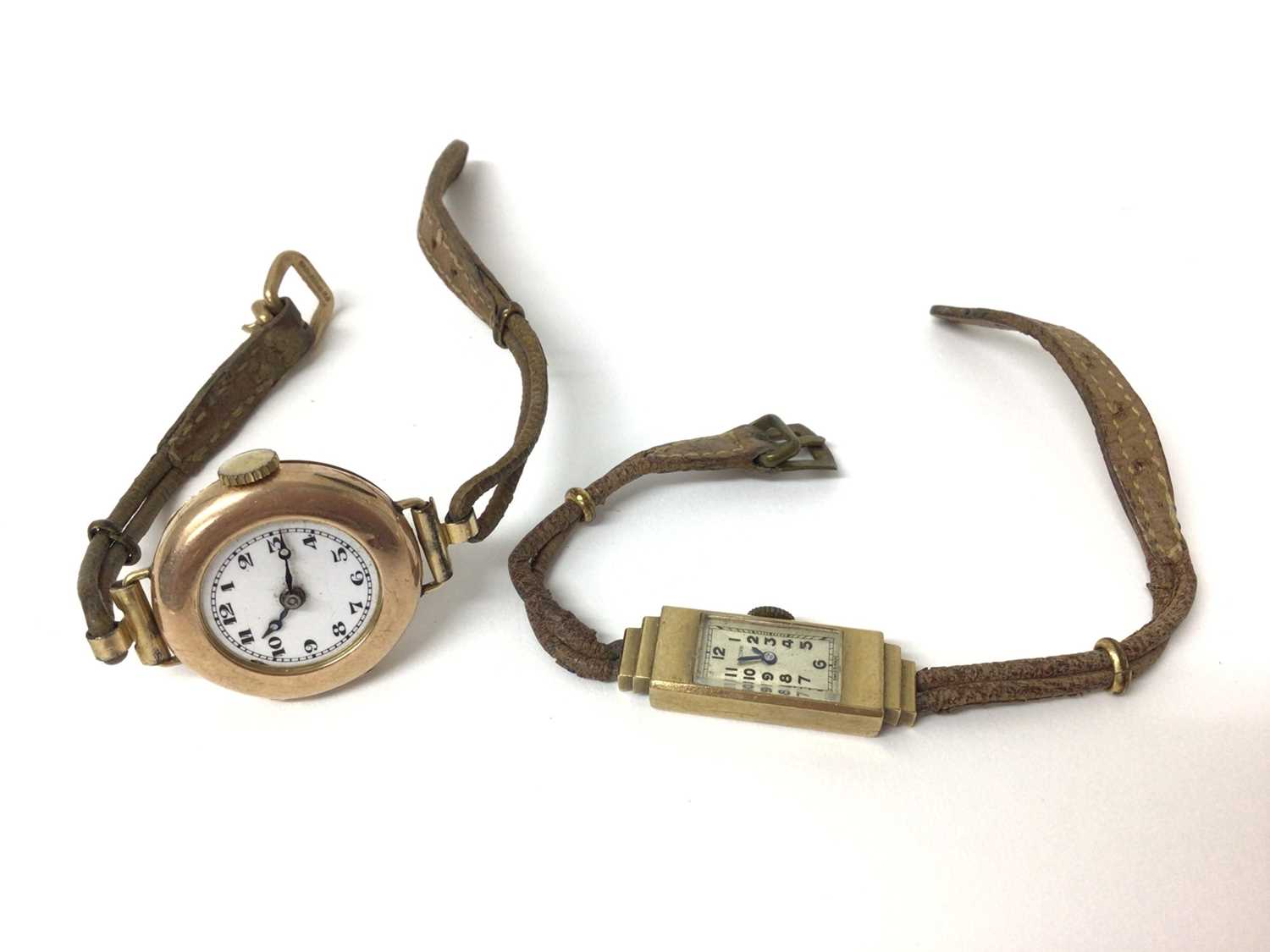 Lot 164 - Two ladies gold 9ct wristwatches on leather straps