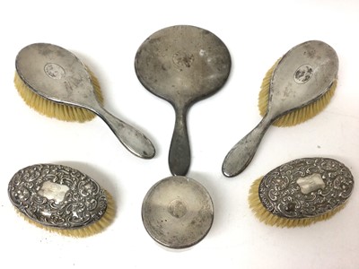 Lot 166 - Silver backed hand mirror, pair matching brushes, another pair silver-backed brushes and silver mounted pot (6)