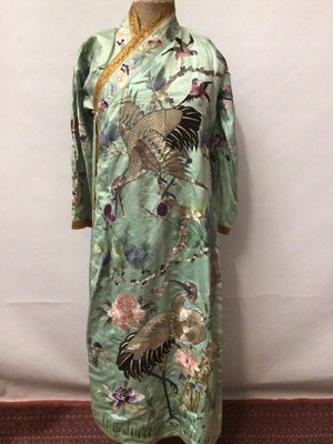 Lot 2051 - Japanese silk robe with straight sleeves. Metallic and silk thread elaboratively embroidered Storks in garden setting. Metalic thread braid trim.