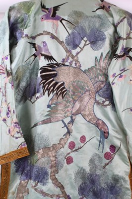 Lot 2051 - Japanese silk robe with straight sleeves. Metallic and silk thread elaboratively embroidered Storks in garden setting. Metalic thread braid trim.