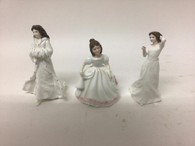 Lot 1172 - Nine Royal Doulton figures - Winter's Day HN4589, Autumn Stroll HN4588, Christmas Day HN3488, With Love HN3393, Harmony HN4096, Joy HN3875, Amanda HN3635, Welcome HN3764 and Melody HN4117