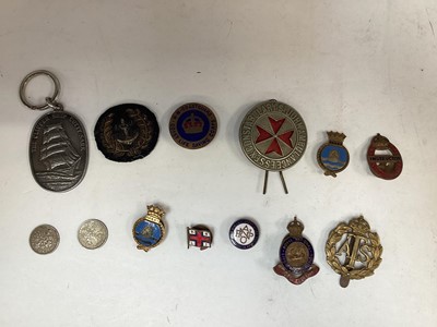 Lot 714 - Second World War brass and enamel ARPS Civil Defence Instructors badge, together with ATS badge, H.M. Coastguard Coast Life Saving Corps badge and others.