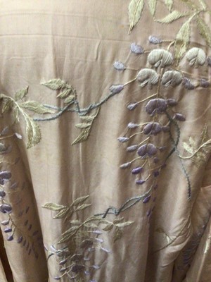 Lot 2114 - Japanese handmade pink silk kimono embroidered with wisteria flowers in satin stitch.  Plus a 1930's pink kimono.