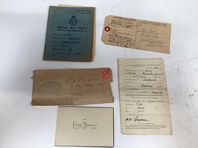 Lot 716 - Group of First and Second World War ephemera comprising a telegram reporting Private Harry William Lawrence had been wounded on 14th March 1917, together with discharge papers and memorial card dat...