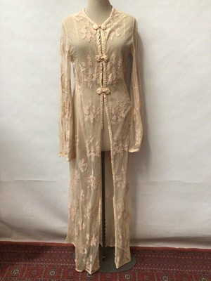 Lot 2116 - Vintage blush pink linen decorated net lace robe/ dressing gown with rolled fabric fastening.