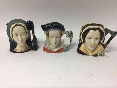 Lot 1181 - Set of seven Royal Doulton character jugs - Henry VIII D6642, Jane Seymour D6646, Anne of Cleves D6653, Catherine of Aragon D6643, Anne Boleyn D6644, Catherine Parr D6664 and Catherine Howard D6645