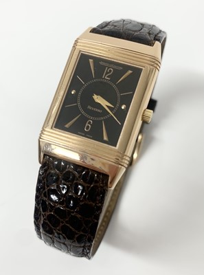 Lot 189 - Jaeger le-Coultre 18ct gold Reverso wristwatch with brown crocodile strap