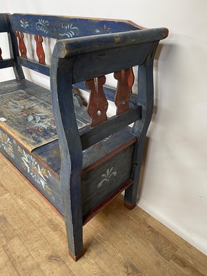 Lot 129 - Continental painted pine hall bench with decorative splat back and rising lid, on sqaure legs, 116cm wide x 43cm deep x 90cm high
