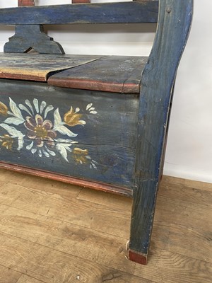 Lot 129 - Continental painted pine hall bench with decorative splat back and rising lid, on sqaure legs, 116cm wide x 43cm deep x 90cm high