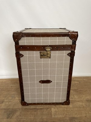 Lot 133 - Contemporary leather bound fabric covered trunk of cube form, 42cm square x 61cm high