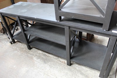 Lot 136 - Ikea ebonised rectangular television stand, 155cm long x 46cm wide x 61cm high and a matching two tier side table 46cm square x 55cm high