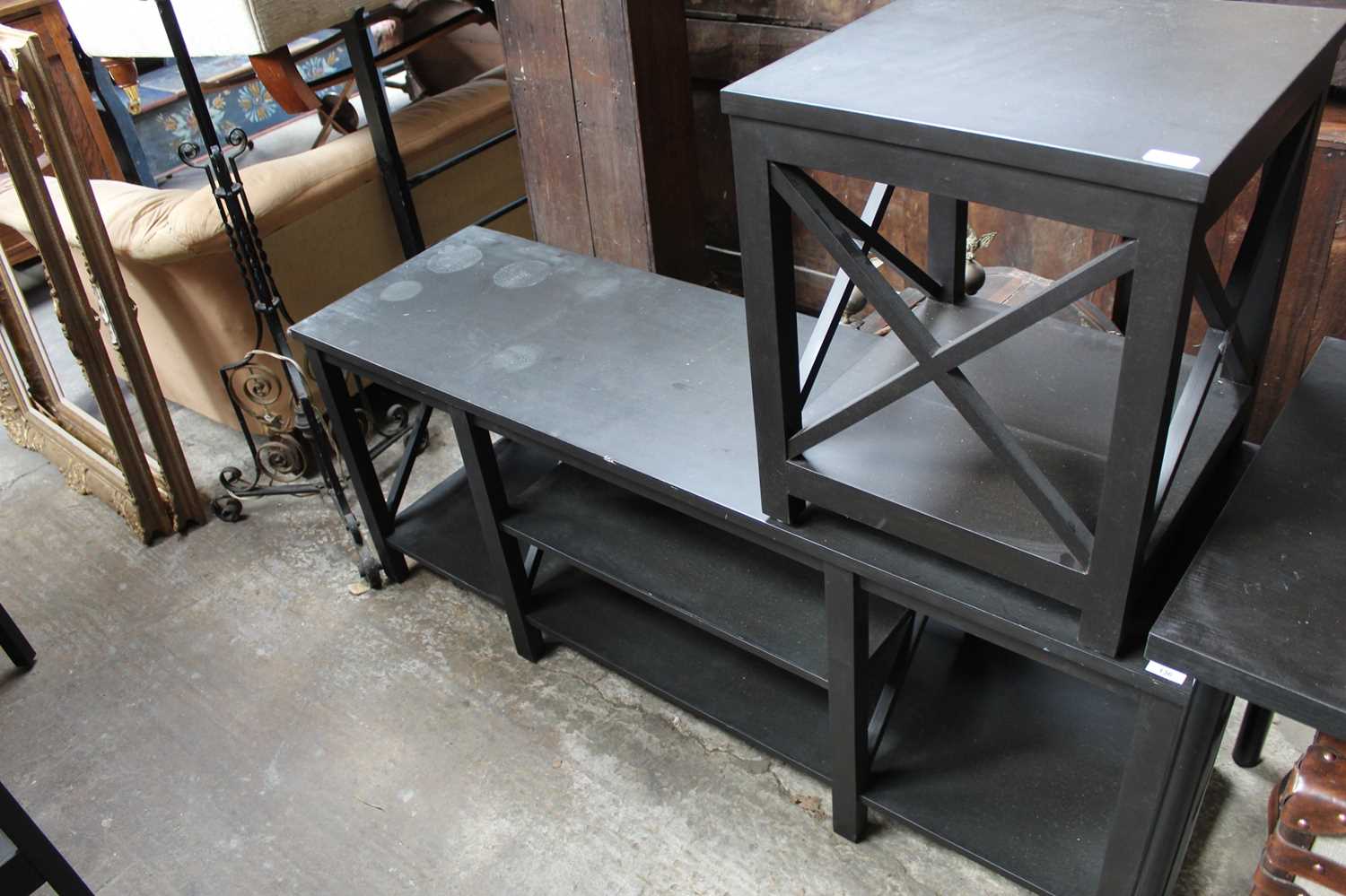 Lot 136 - Ikea ebonised rectangular television stand, 155cm long x 46cm wide x 61cm high and a matching two tier side table 46cm square x 55cm high