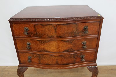 Lot 154 - 1930s walnut bowfronted chest with three drawers, on cabriole legs, 67cm wide x 51cm deep x 82cm high