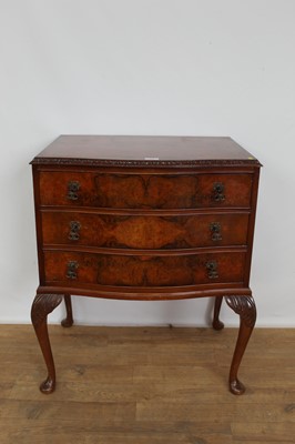 Lot 154 - 1930s walnut bowfronted chest with three drawers, on cabriole legs, 67cm wide x 51cm deep x 82cm high