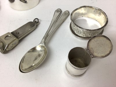 Lot 195 - Georgian silver pill box, Dunhill plated spirit measure and sundry silver and plate