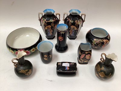 Lot 1204 - Collection of Rubian Art pottery including lustre biscuit barrel with floral decoration on blue ground, jug with gilt overlaid floral decoration etc