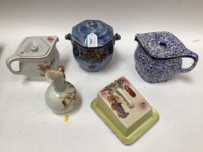 Lot 1204 - Collection of Rubian Art pottery including lustre biscuit barrel with floral decoration on blue ground, jug with gilt overlaid floral decoration etc