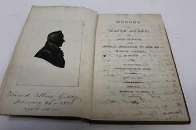 Lot 1443 - One leather bound volume; Monody on Major Andre By Miss Seward, edited by E. Giddy, 1809. A portrait silhouette of Edward Collins Giddy pasted opposite the title page and dated 1826, a dedication f...