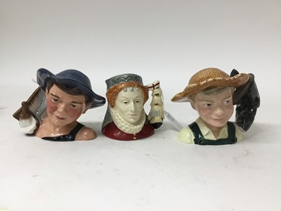 Lot 1218 - Five Royal Doulton character jugs - Huckerberry Finn D7177, Tom Sawyer D7187, King Phillip II Of Spain D6822, Queen Elizabeth I Of England D6821 and Britania D7107