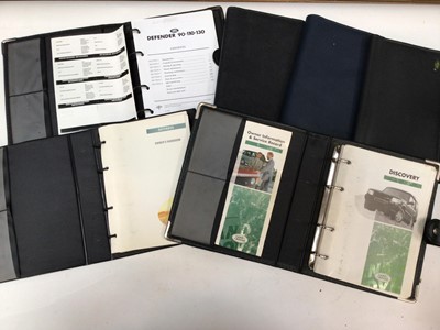 Lot 1992 - Land Rover handbooks and manuals to include Land Rover Defender owners handbook pack dated 1996 and another dated 1999, together with a Land Rover Discovery handbook pack circa. 1994, three handboo...