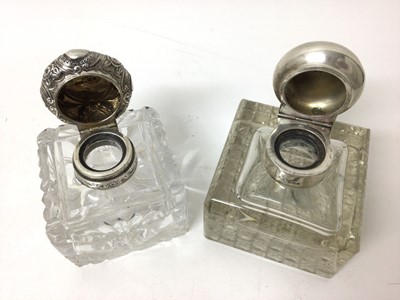 Lot 202 - Two Victorian silver mounted cut glass square inkwells, 8.5 -10cm wide (2)