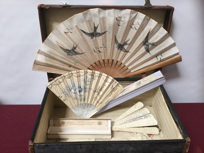 Lot 2132 - Group of fans by Duveleroy and others, also gloves, in vintage suitcase