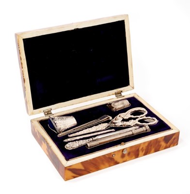 Lot 772 - 19th century tortoiseshell étui case, fitted with various silver sewing implements