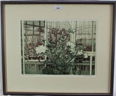 Lot 1027 - *Olwen Jones (b.1945) signed limited edition etching and aquatint - White Geraniums