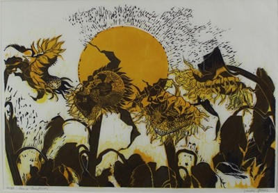 Lot 1026 - *Olwen Jones (b.1945) signed limited edition linocut - Sun and Sunflowers, 12/50, 43cm x 62cm, in glazed frame