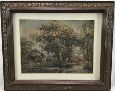 Lot 209 - Manner of Thomas Churchyard watercolour - landscape with river and haystacks, 15cm x 20cm