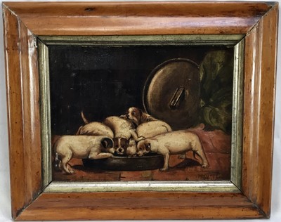 Lot 208 - 19th century oil on canvas - dogs feeding, in maple frame