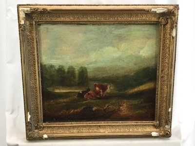 Lot 182 - English Naive School, 19th century, oil on board - cattle grazing, 30cm x 35cm, in gilt frame