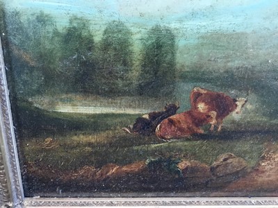 Lot 182 - English Naive School, 19th century, oil on board - cattle grazing, 30cm x 35cm, in gilt frame
